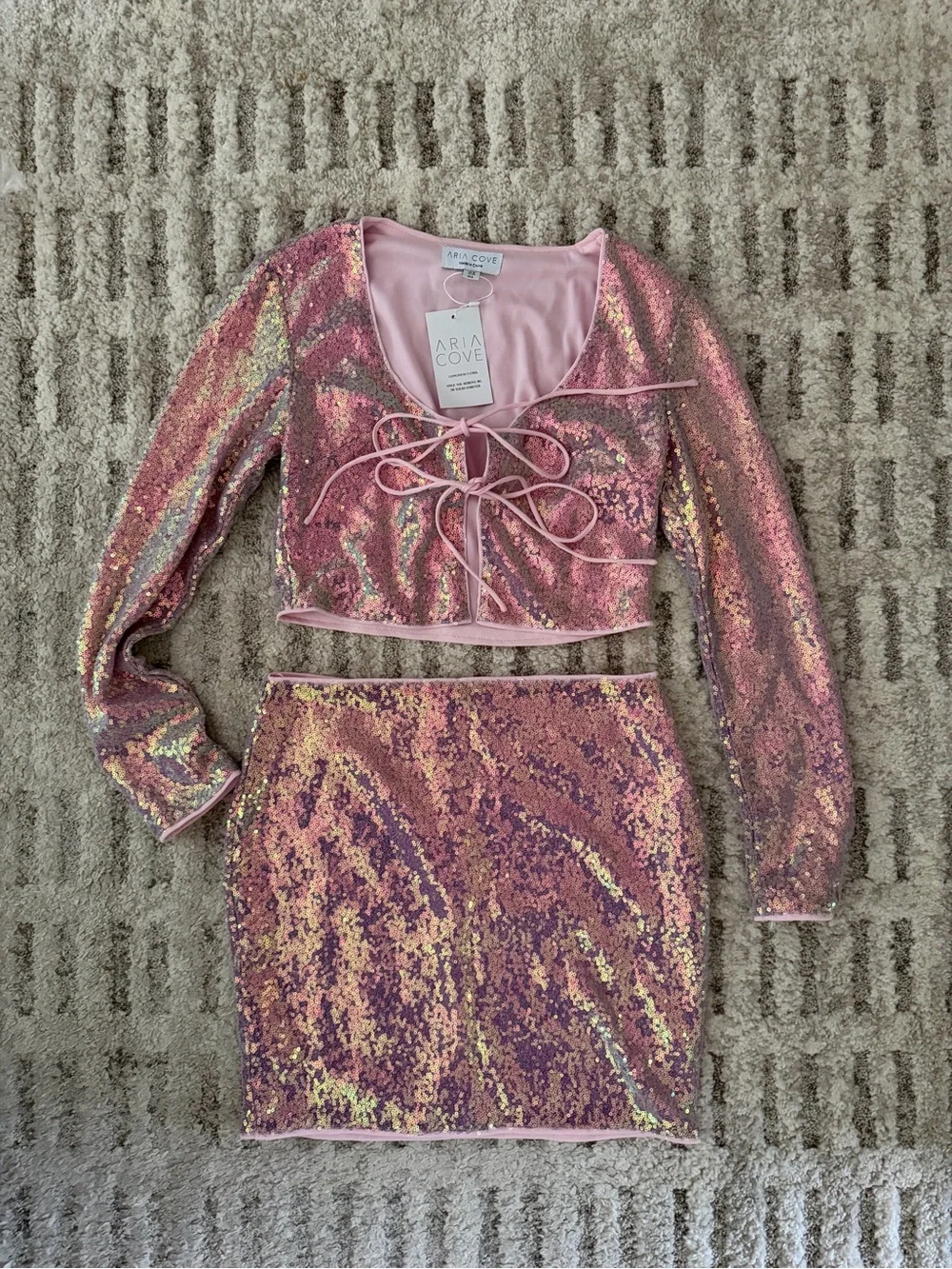 Iridescent Sequin Tie-Front Crop Top and Mini Skirt Set